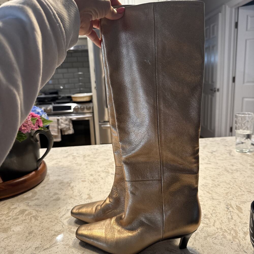 Dune London Women’s Gold Leather Knee High Boots Square Toe Low Heel US 6.5 To 7